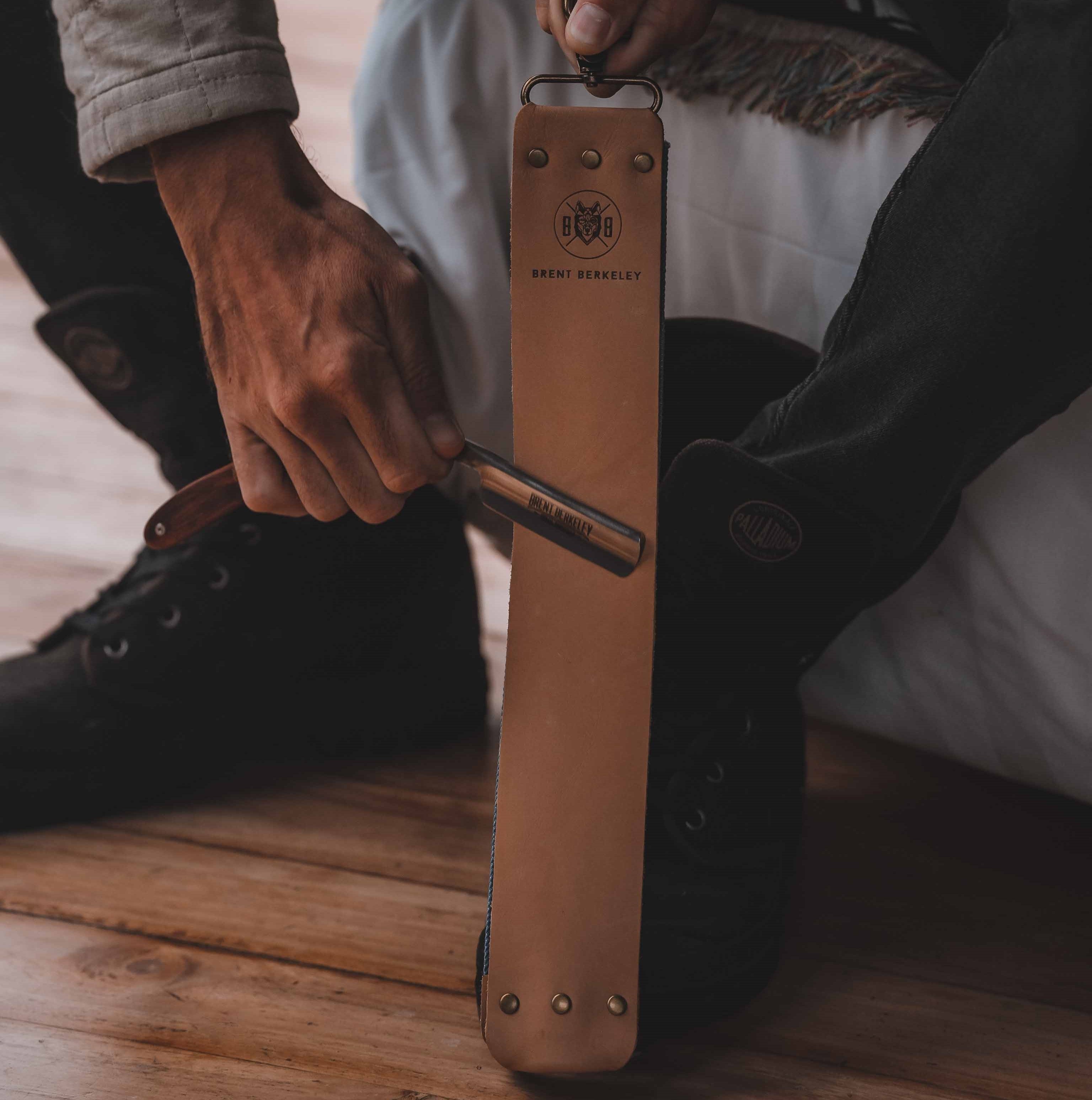 Brent Berkeley leather stropping belt - straight razor sharpening strop from cowhide